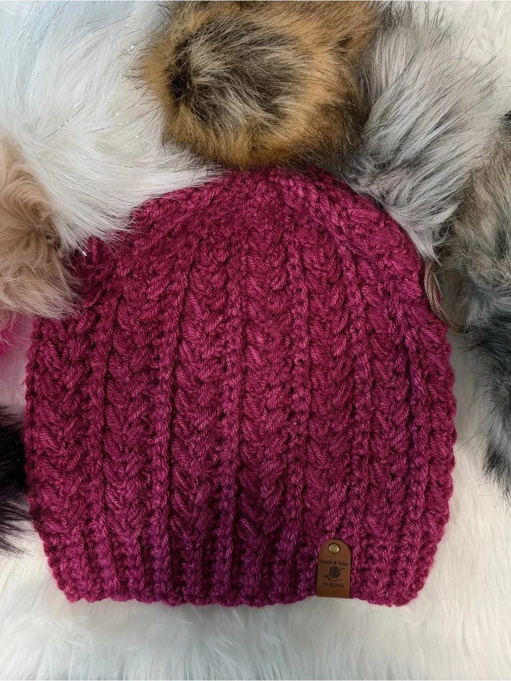 Kids Chunky Cable Crochet Beanie with Leather Tag - Bright Pink